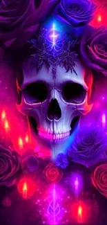 Colorful skull with roses and neon lights wallpaper.