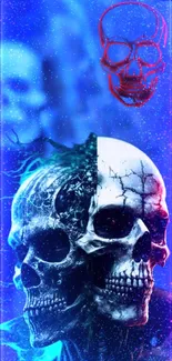 Vibrant blue skull wallpaper with red accents, perfect for mobile backgrounds.