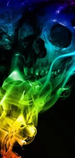 Colorful skull with vibrant smoke on black background wallpaper.