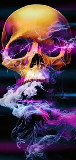 Vibrant skull surrounded by colorful smoke with a dark background.