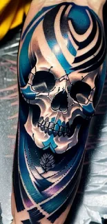 Vibrant skull tattoo design with dynamic patterns on a mobile wallpaper.