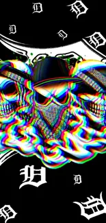 Vibrant skulls with colorful glitch effects on a black background.