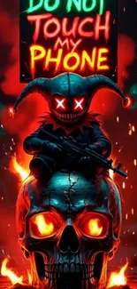 Fiery skull with neon 'Do Not Touch' sign.