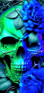 Neon green skull with blue roses wallpaper art.