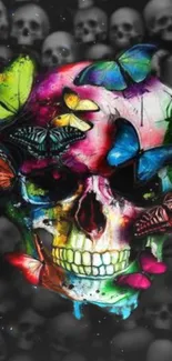 Colorful skull with butterflies wallpaper design.