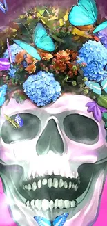 Skull with butterflies and flowers on a vibrant purple background.