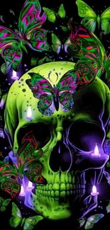 Vibrant neon skull with colorful butterflies and psychedelic design.