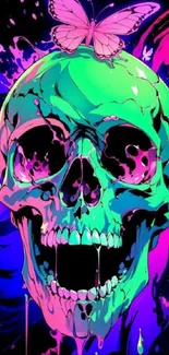 Neon skull with butterfly on colorful background.