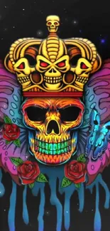 Colorful skull with crown, butterfly, and roses on black background.