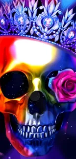 Vibrant skull with crown and rose on a colorful background.