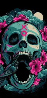 Artistic skull with vibrant flowers background.