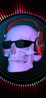 Purple skull with headphones on a soundwave background wallpaper.