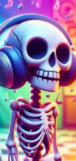 Colorful skeleton with headphones and musical notes.