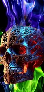 Intricately designed skull with colorful neon flames on a dark background.