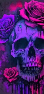 Gothic skull with vibrant pink roses and purple background.