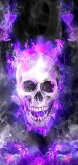 Mobile wallpaper featuring a skull enveloped in vivid purple flames.