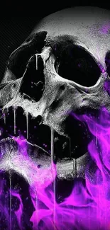 Dark skull with vibrant purple flames mobile wallpaper.