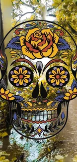 Vibrant skull with roses over a nature-inspired backdrop.