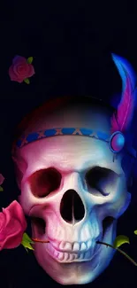 Colorful skull with roses and feathers on black background.