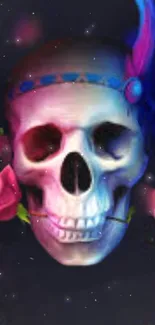 Vibrant skull with roses in dark theme phone wallpaper.