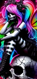 Vibrant skeleton girl with rainbow hair sitting on a skull.