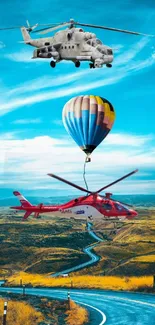 Helicopters and hot air balloon soar over scenic landscape with winding road.