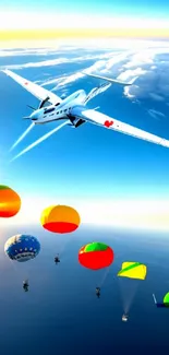 Airplane and colorful balloons soaring through a vibrant blue sky.