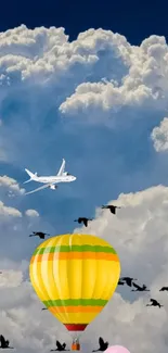 Hot air balloon and airplane in a cloudy sky with flying birds.