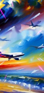 Vibrant sky with airplanes flying over a colorful landscape, featuring dynamic clouds.