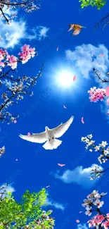 Vibrant blue sky with birds and cherry blossoms mobile wallpaper.