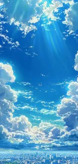 Anime sky view with clouds and sunlight beams.