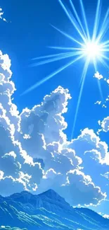 A vibrant anime-style sky with fluffy clouds and bright sun.