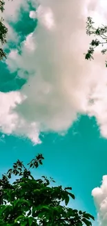 Turquoise sky with fluffy clouds and lush greenery wallpaper.