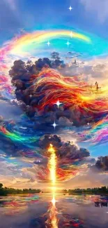 Colorful fantasy sky with swirling clouds.