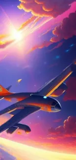 Futuristic aircraft flying in a vibrant sunset sky with colorful clouds.