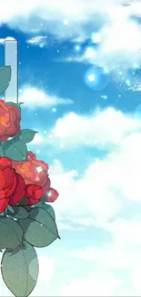 Floral wallpaper with red roses and a serene blue sky.