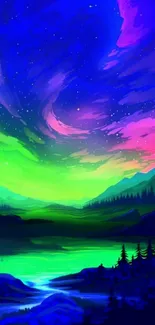 Vibrant aurora landscape mobile wallpaper with colorful skies.