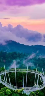 Purple sky with walkway and forest backdrop.