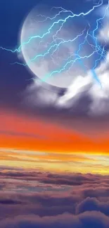 Vibrant sunset sky with moon and lightning over clouds.