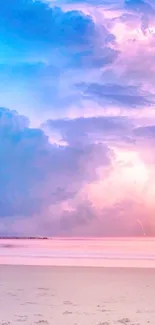 Vibrant blue and pink sky with lightning over a serene beach.