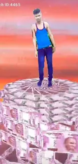 Person standing on currency stack with vibrant sunset background.