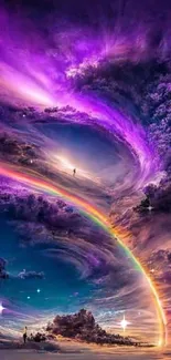 Stunning purple sky with neon rainbow hues in landscape view.