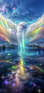 Vibrant sky with rainbow clouds reflecting over a serene lake.