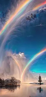 Vibrant rainbow arches over tranquil lake with scenic sky reflection.