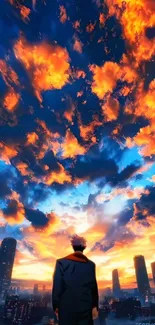 Animated skyline wallpaper with vibrant sunset clouds.