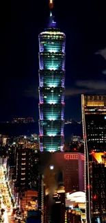 Nighttime view of Taipei skyline with illuminated buildings.