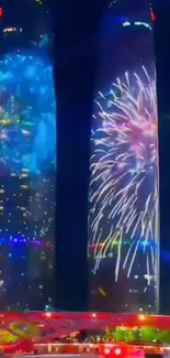 Fireworks lighting up the city skyline at night with vibrant colors.