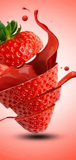 Sliced strawberry with red artistic splashes on mobile wallpaper.