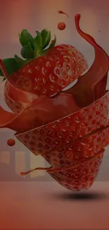 Mobile wallpaper of a sliced strawberry with swirling juice effect.