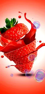 Vibrant wallpaper with a sliced, splashing strawberry.